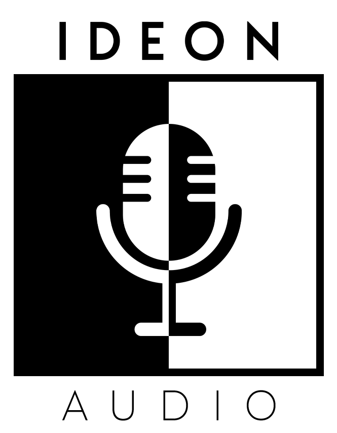 Ideon Audio logo, black and white image with a microphone in the middle